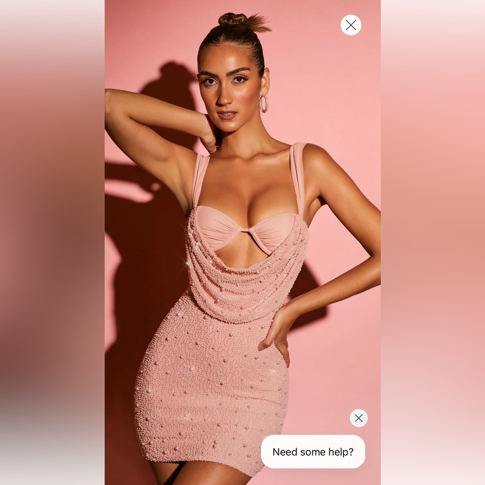 Low cowl neck embellished mini dress in rose